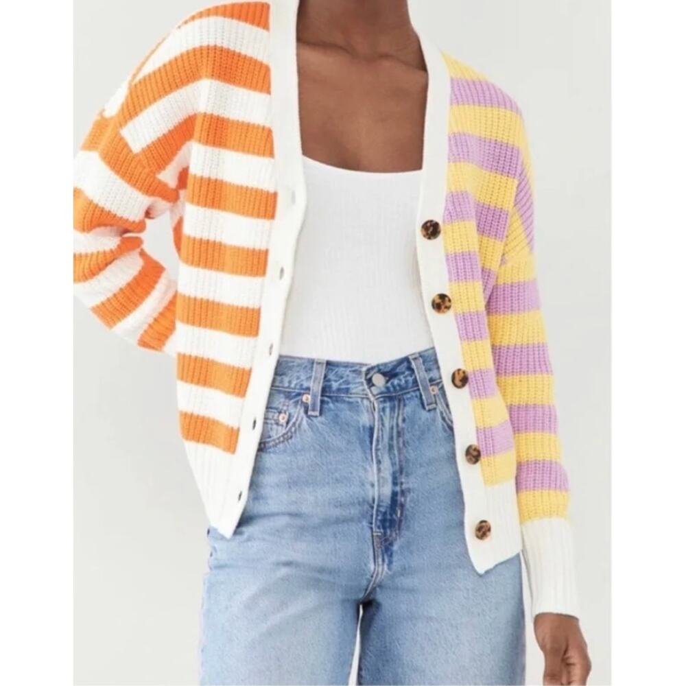 STAUD Essex Cardigan Cabana Stripe Orange Yellow Cream Purple Multi Large V-neck - Picture 11 of 16